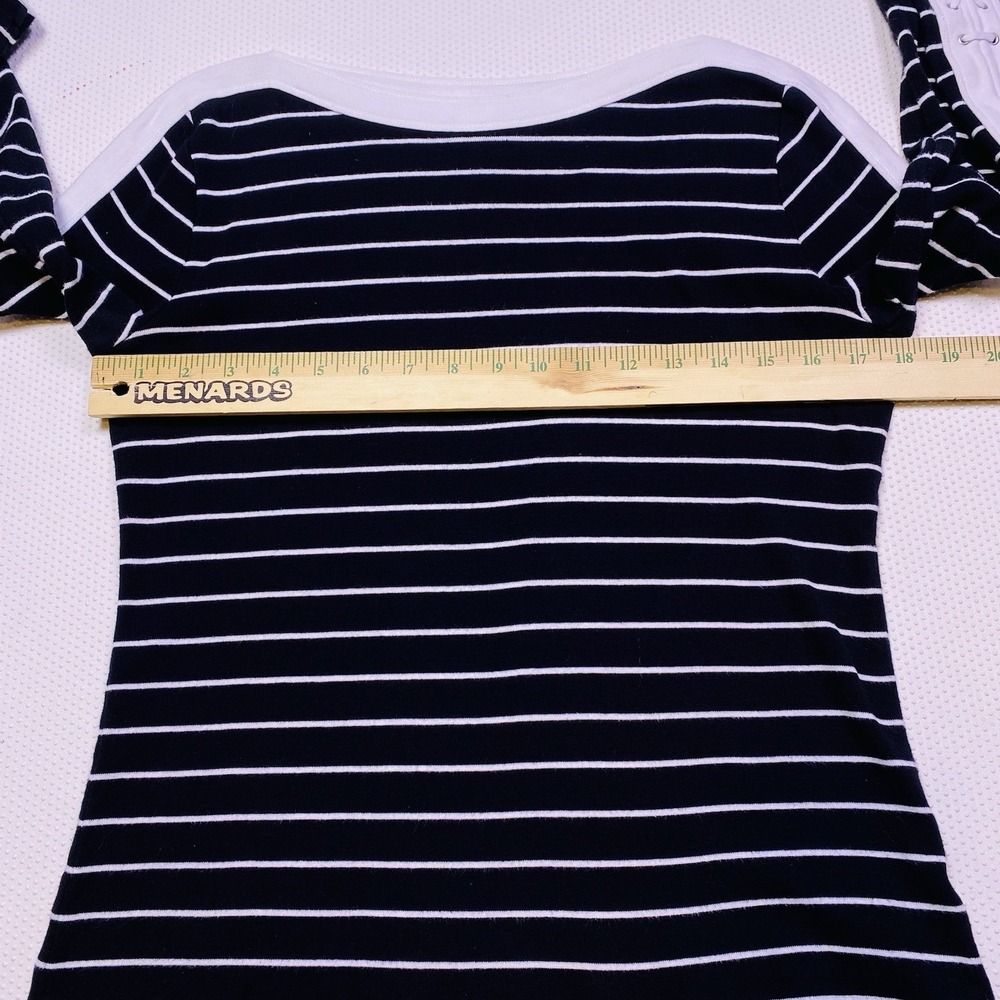 Chaps Boat Neck M Black White Stripe Lace Up 3/4 Sleeve Nautical Coastal Preppy - Picture 4 of 13